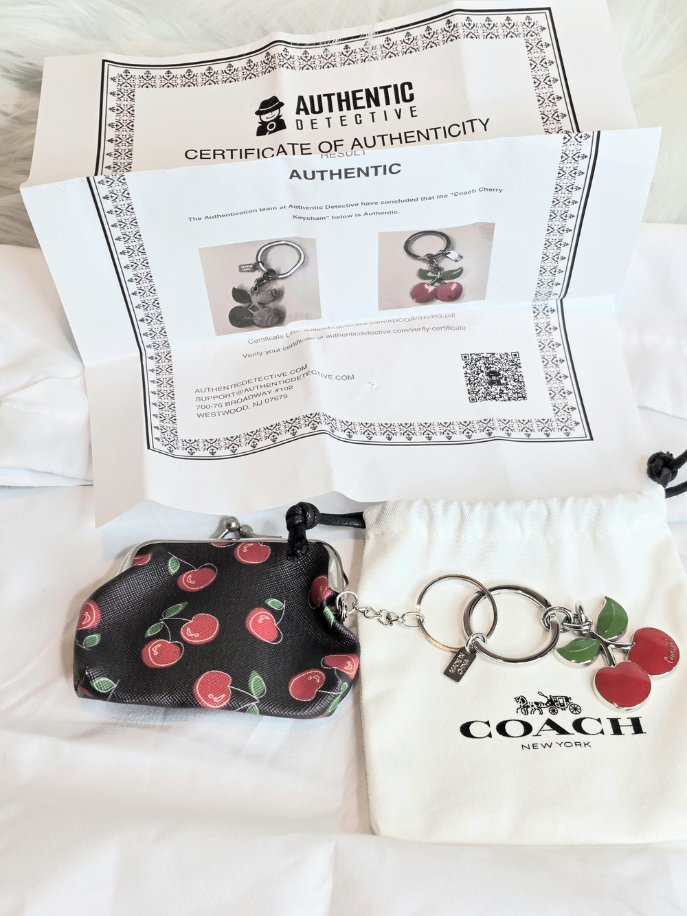 Coach Cherry Keychain  with Dustbag, COA, & Unbranded Cherry Kisslock Coin Purse